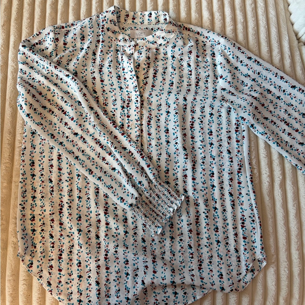 LOFT Cream Blouse with Teal and Red Floral Stripe